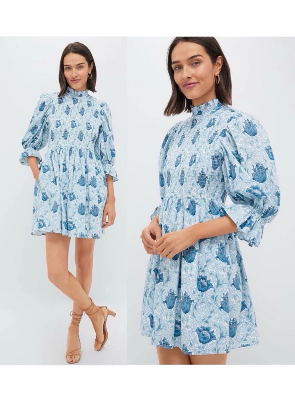 Hyacinth House Tuckernuck Teal Blue and White Larah Smocked Mini Dress Sz M